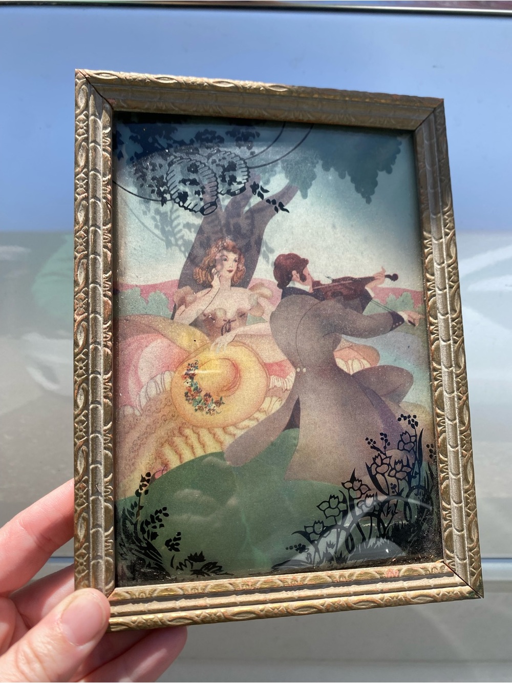 Victorian Silhouette Art Print w/ Gold Wooden Ornate Frame Antique